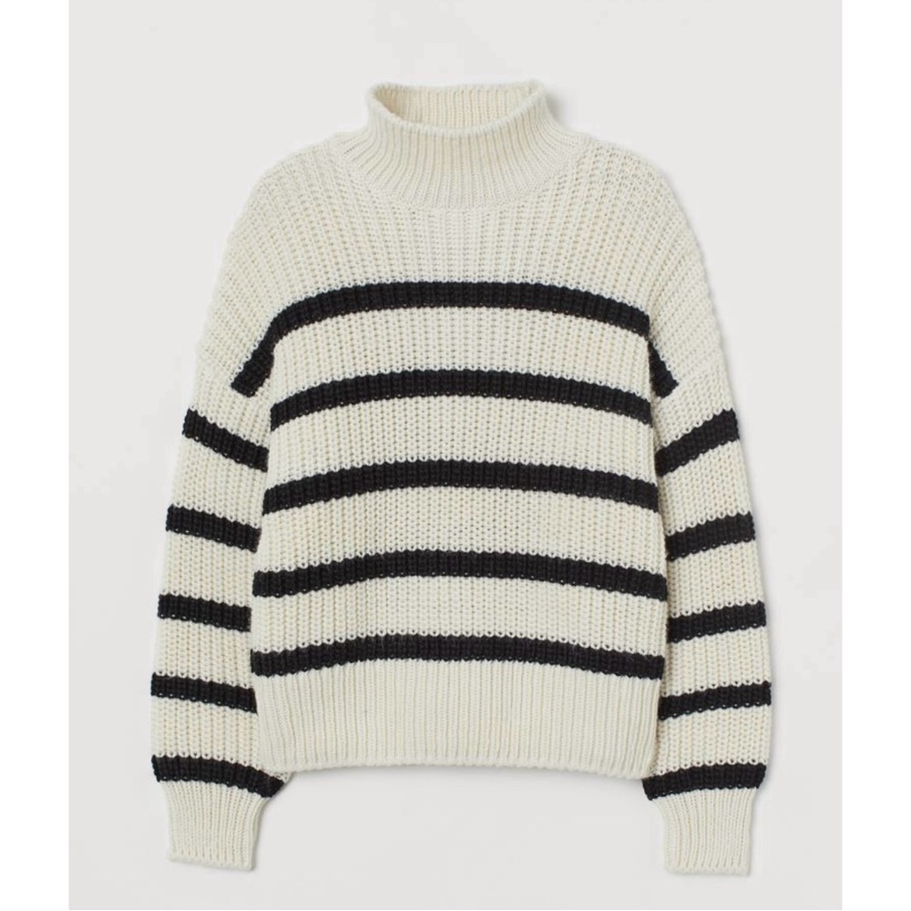 H&M Chunky Knit Sweater Cream and Black Stripe Turtleneck Cowl Neck